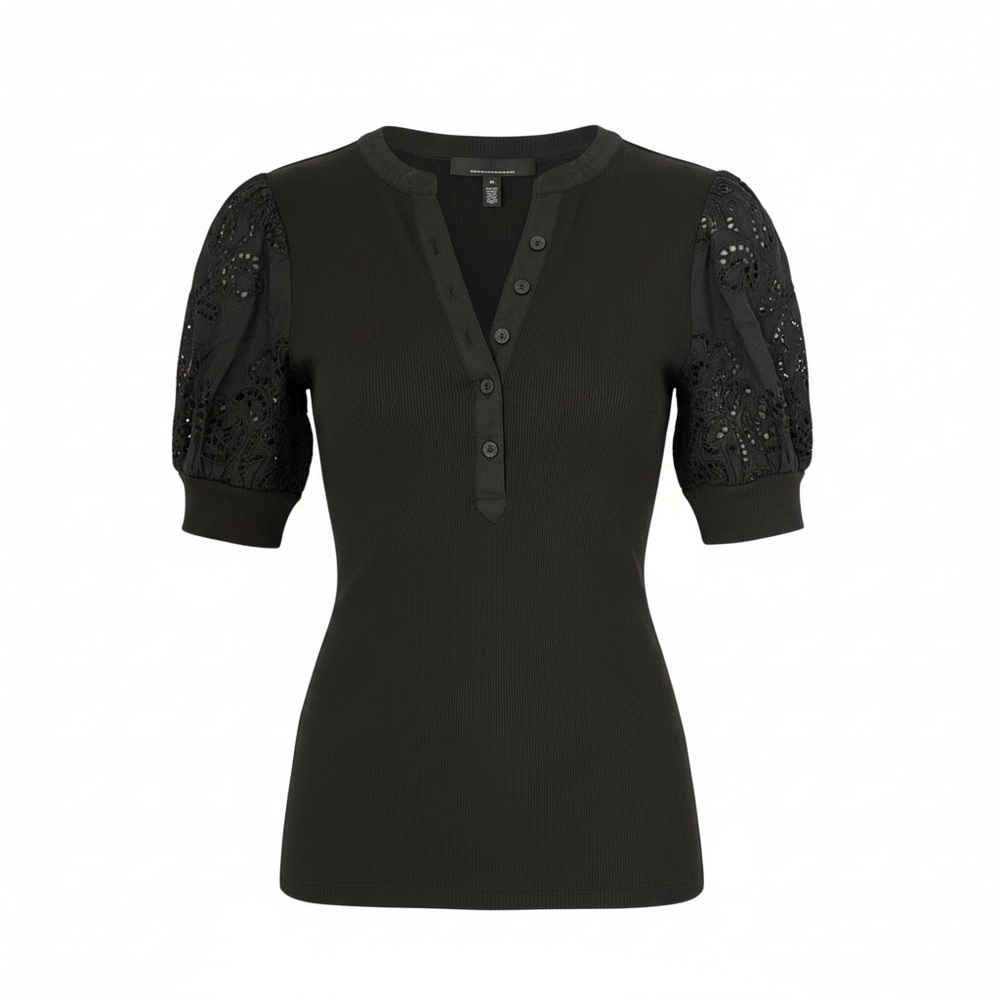 White House Black Market Black Button-Up Top with Lace Sleeves